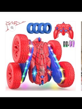 Spider Theme Red & Blue Kids RC Stunt Car with Light-Up Wheels